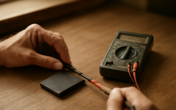 Baterai ponsel jadul dan charger di atas meja kayu saat diperiksa dengan multimeter